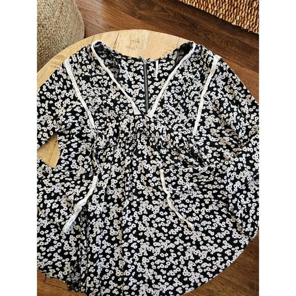 Free People Floral Bell Sleeve Babydoll Dress M Tunic Lace Trim M Festival Boho - Picture 2 of 10